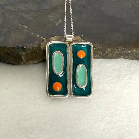 Sterling Silver 925 Modernist Style Enamel Geometric Pendant Necklace 18" Chain - Picture 5 of 16